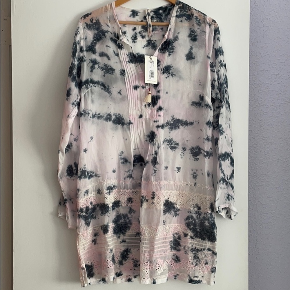 Johnny Was Pintuck Cupra Rayon tie dye eyelet Bohemian beach tunic Top Sz S